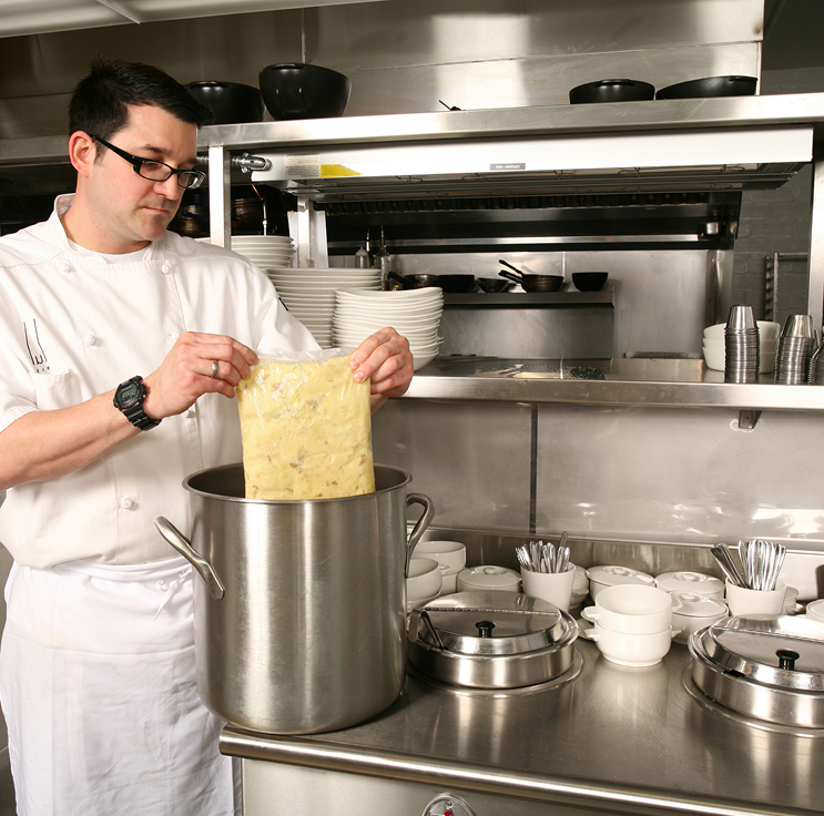 restaurant chef rethermalizing soup stored and then heated in a cook chill bag from Plascon